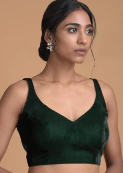 Forest Green Sleeveless Blouse With Sweetheart Neckline