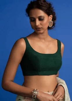 Forest Green Sleeveless Blouse In Raw Silk With Scoop Neckline