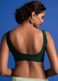Forest Green Sleeveless Blouse In Raw Silk With Scoop Neckline
