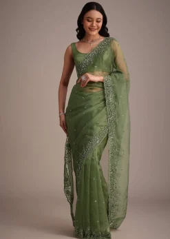 Forest Green Soft Organza Saree With Cutdana Sequin Embroidery