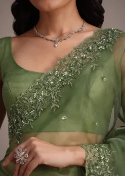 Forest Green Soft Organza Saree With Cutdana Sequin Embroidery