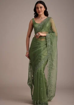 Forest Green Soft Organza Saree With Cutdana Sequin Embroidery