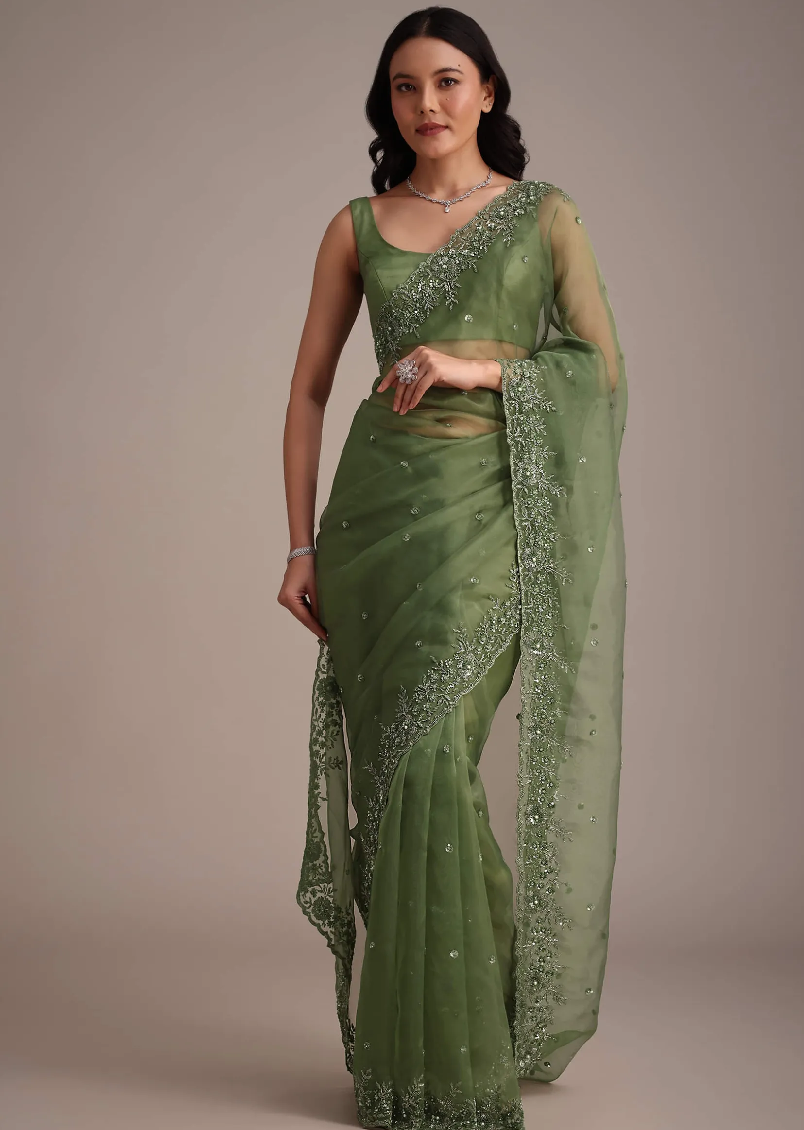 Forest Green Soft Organza Saree With Cutdana Sequin Embroidery