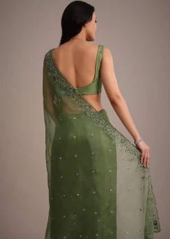 Forest Green Soft Organza Saree With Cutdana Sequin Embroidery