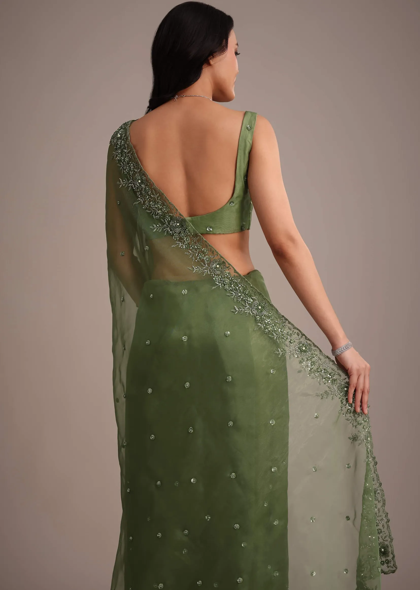 Forest Green Soft Organza Saree With Cutdana Sequin Embroidery