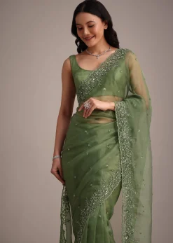 Forest Green Soft Organza Saree With Cutdana Sequin Embroidery