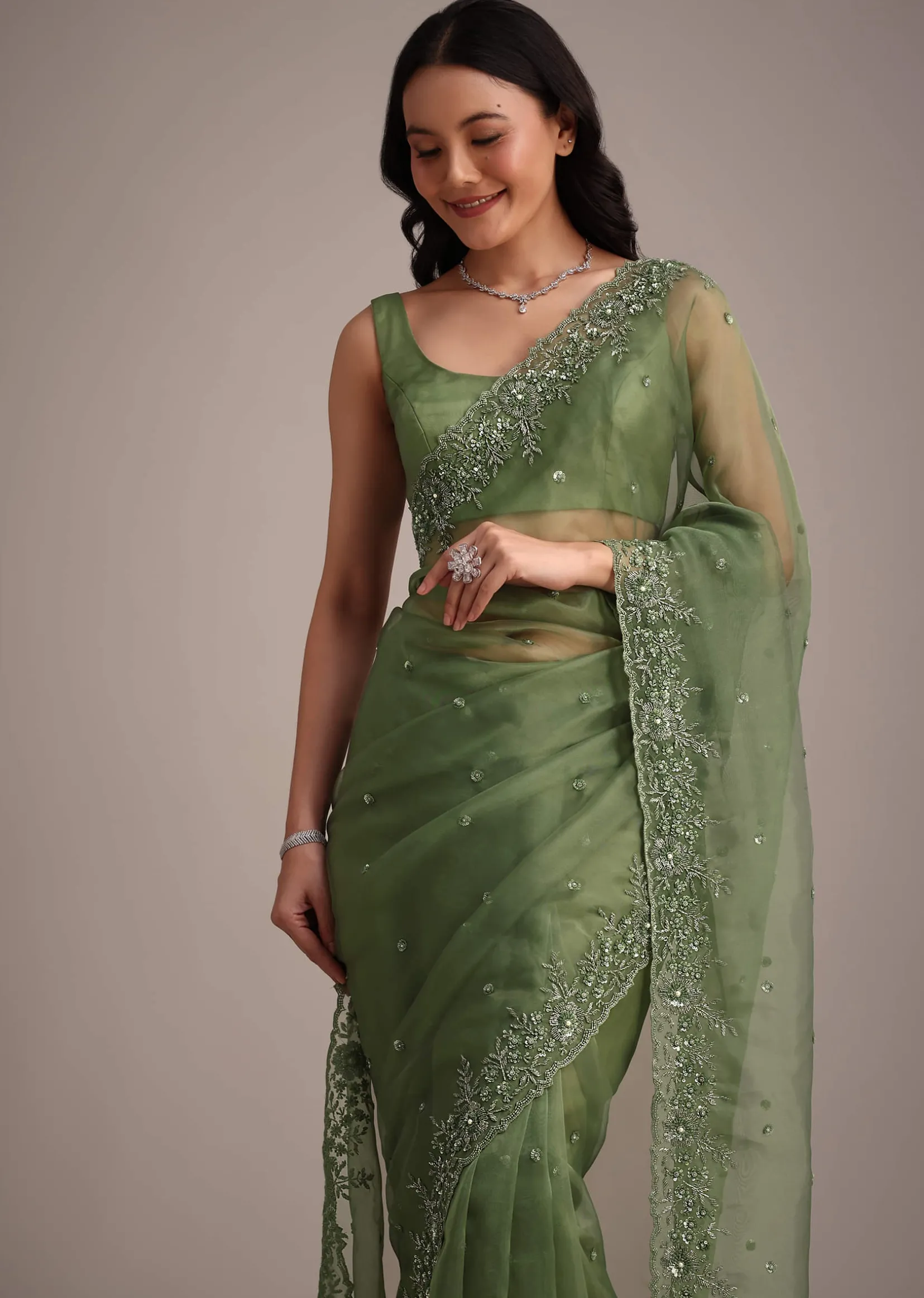 Forest Green Soft Organza Saree With Cutdana Sequin Embroidery