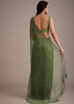Forest Green Soft Organza Saree With Cutdana Sequin Embroidery