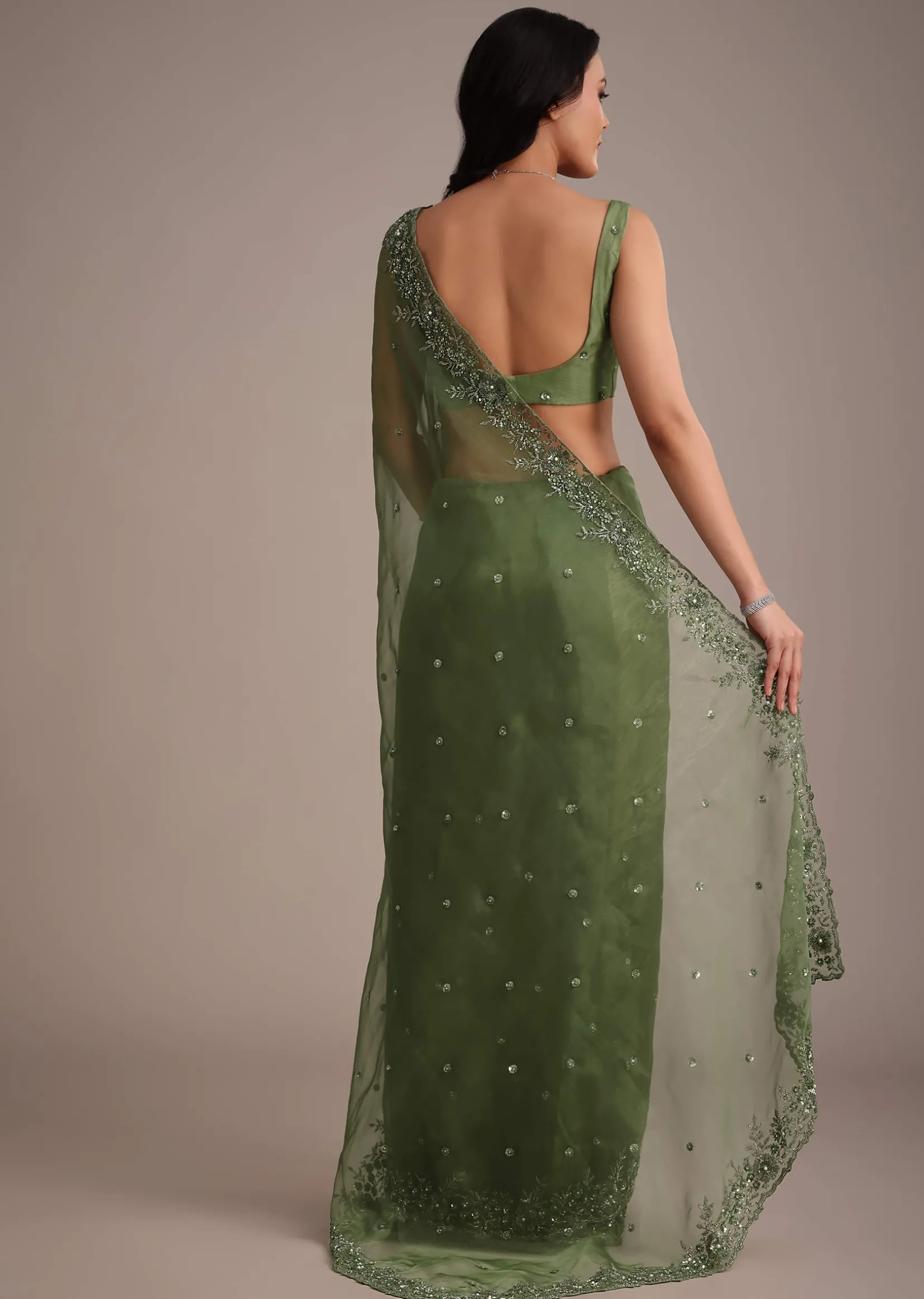 Forest Green Soft Organza Saree With Cutdana Sequin Embroidery