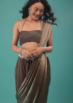 Fossil Brown Ready To Wear Dhoti Saree In Knitted Pleated Fabric