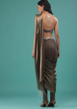 Fossil Brown Ready To Wear Dhoti Saree In Knitted Pleated Fabric
