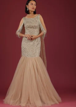 Frappe Mermaid Gown In Cut Dana Dangling Tassels On The Shoulder