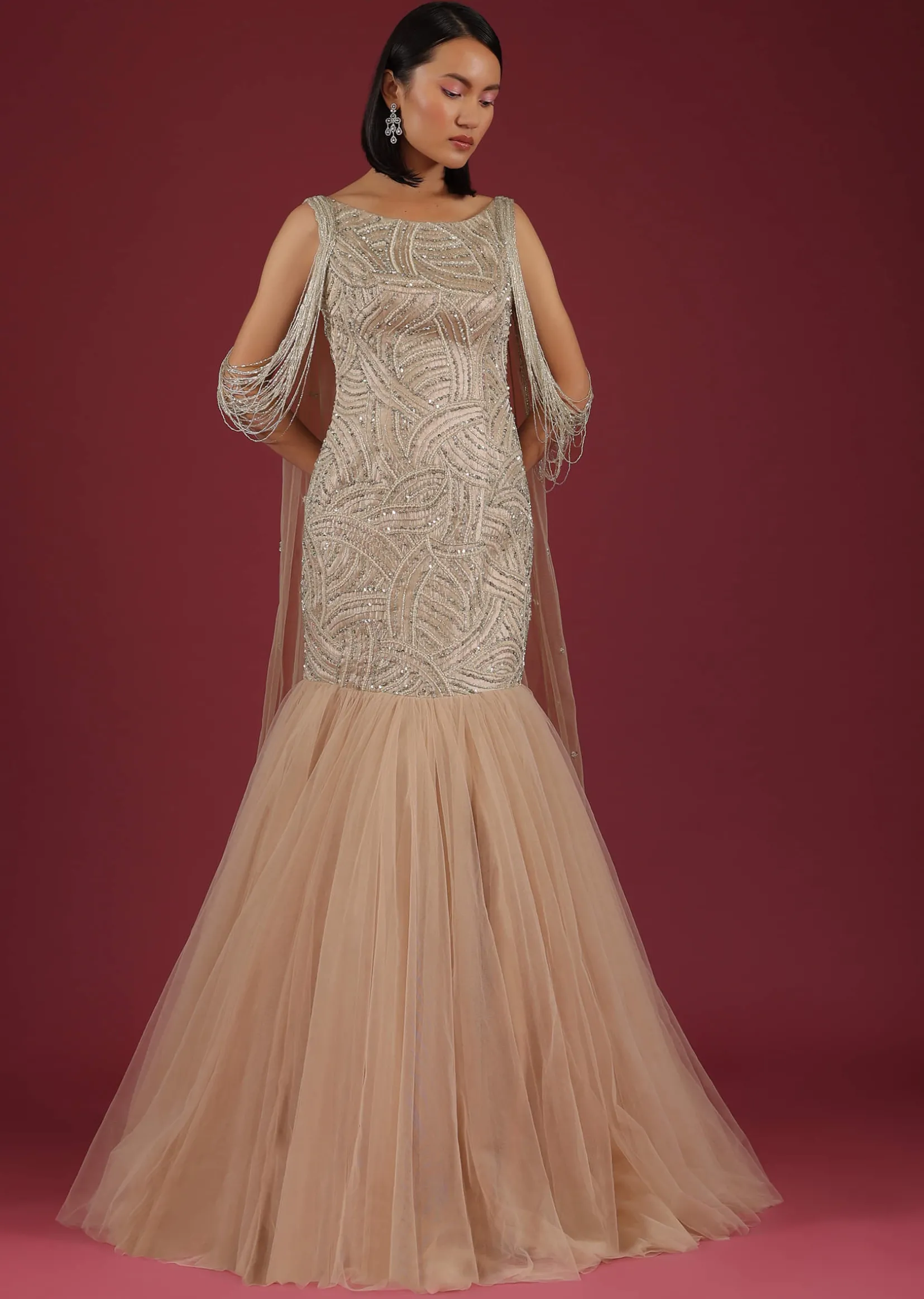 Frappe Mermaid Gown In Cut Dana Dangling Tassels On The Shoulder