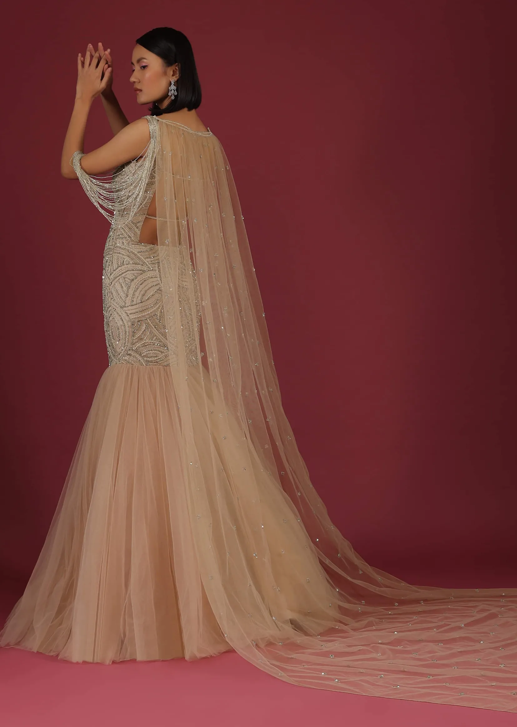 Frappe Mermaid Gown In Cut Dana Dangling Tassels On The Shoulder
