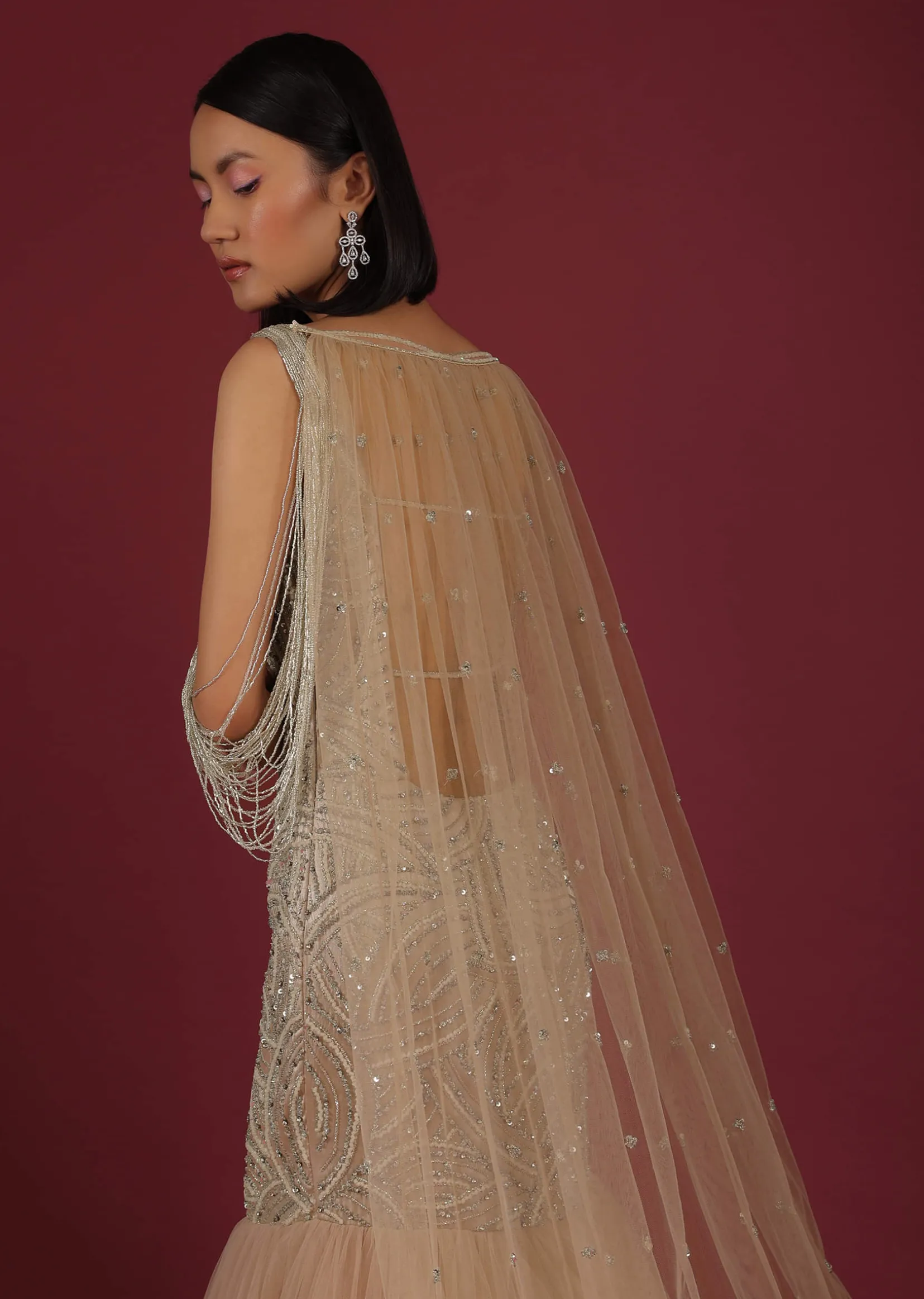 Frappe Mermaid Gown In Cut Dana Dangling Tassels On The Shoulder