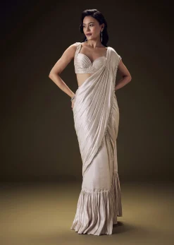 Frosted Ivory Satin Ruffled Ready Pleated Saree