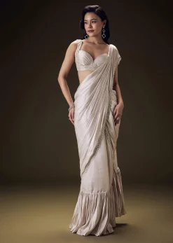Frosted Ivory Satin Ruffled Ready Pleated Saree