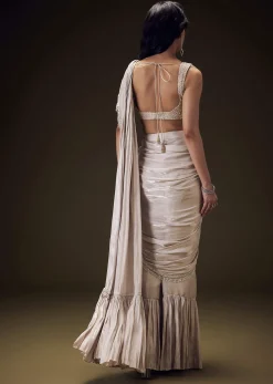 Frosted Ivory Satin Ruffled Ready Pleated Saree