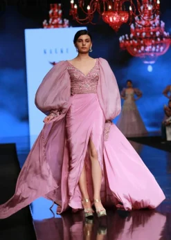 Frozen Mauve Gown With Hand Embroidered Bodice, Balloon Sleeves And A Long Trail