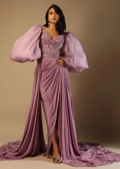 Frozen Mauve Gown With Hand Embroidered Bodice, Balloon Sleeves And A Long Trail