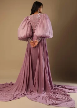 Frozen Mauve Gown With Hand Embroidered Bodice, Balloon Sleeves And A Long Trail