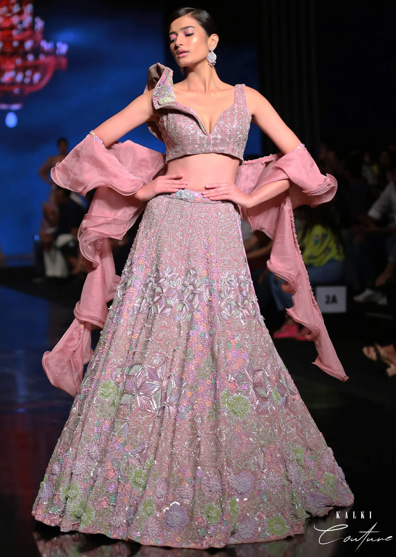 Frozen Mauve Lehenga In Velvet With Multi Colored Embroidered Floral Motifs, Fancy One Shoulder Design And Ruffle Dupatta