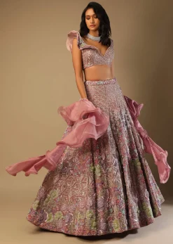 Frozen Mauve Lehenga In Velvet With Multi Colored Embroidered Floral Motifs, Fancy One Shoulder Design And Ruffle Dupatta