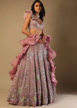 Frozen Mauve Lehenga In Velvet With Multi Colored Embroidered Floral Motifs, Fancy One Shoulder Design And Ruffle Dupatta
