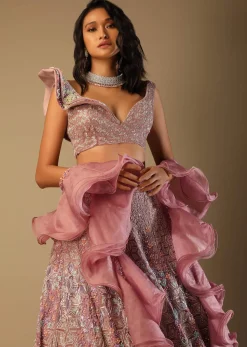 Frozen Mauve Lehenga In Velvet With Multi Colored Embroidered Floral Motifs, Fancy One Shoulder Design And Ruffle Dupatta