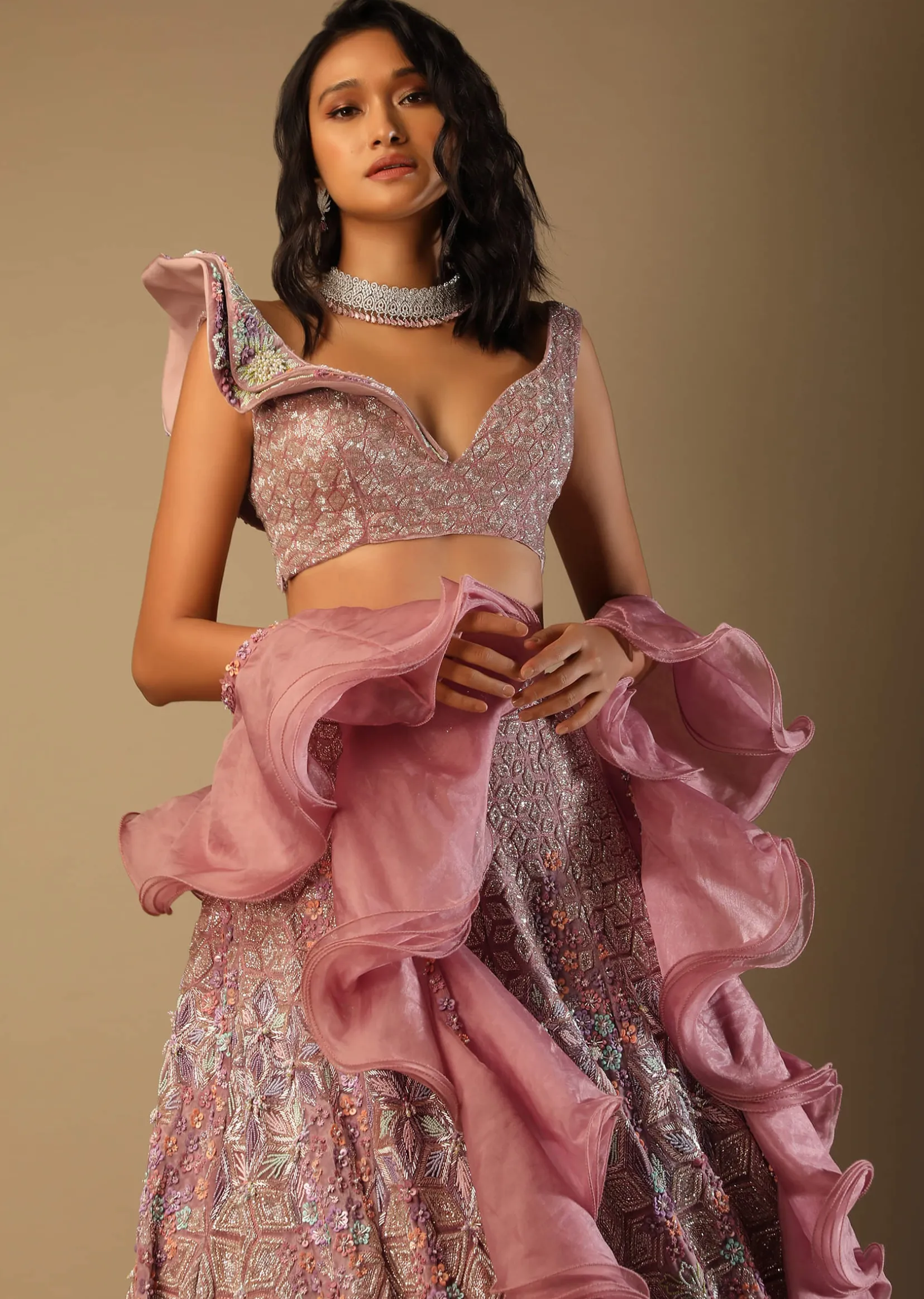 Frozen Mauve Lehenga In Velvet With Multi Colored Embroidered Floral Motifs, Fancy One Shoulder Design And Ruffle Dupatta