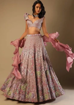 Frozen Mauve Lehenga In Velvet With Multi Colored Embroidered Floral Motifs, Fancy One Shoulder Design And Ruffle Dupatta