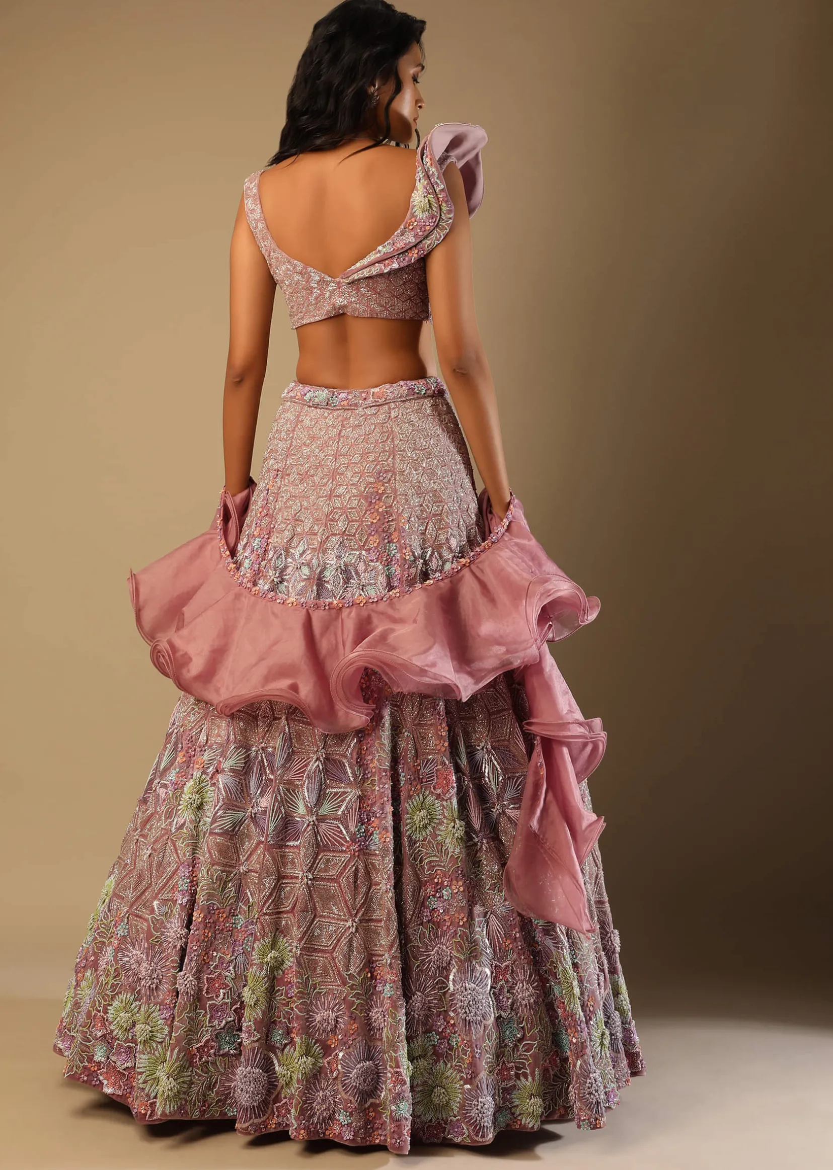 Frozen Mauve Lehenga In Velvet With Multi Colored Embroidered Floral Motifs, Fancy One Shoulder Design And Ruffle Dupatta