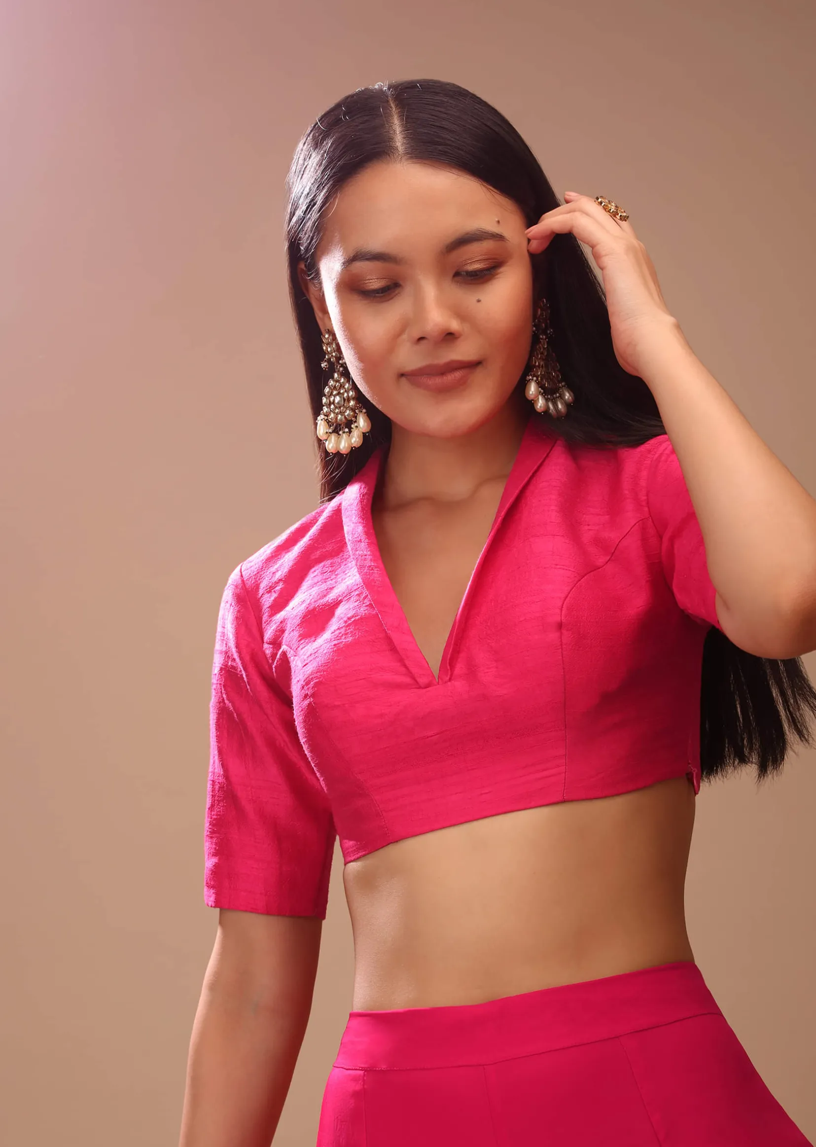 Fuchsia Pink Blouse In Raw Silk With Plunging Collar Neckline And Half Sleeves
