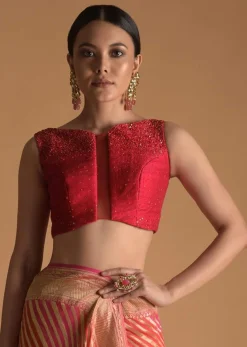 Fuchsia Pink Blouse In Raw Silk With Sequins Work, Sheer Center Cut Out And Criss-Cross Tie Up Back