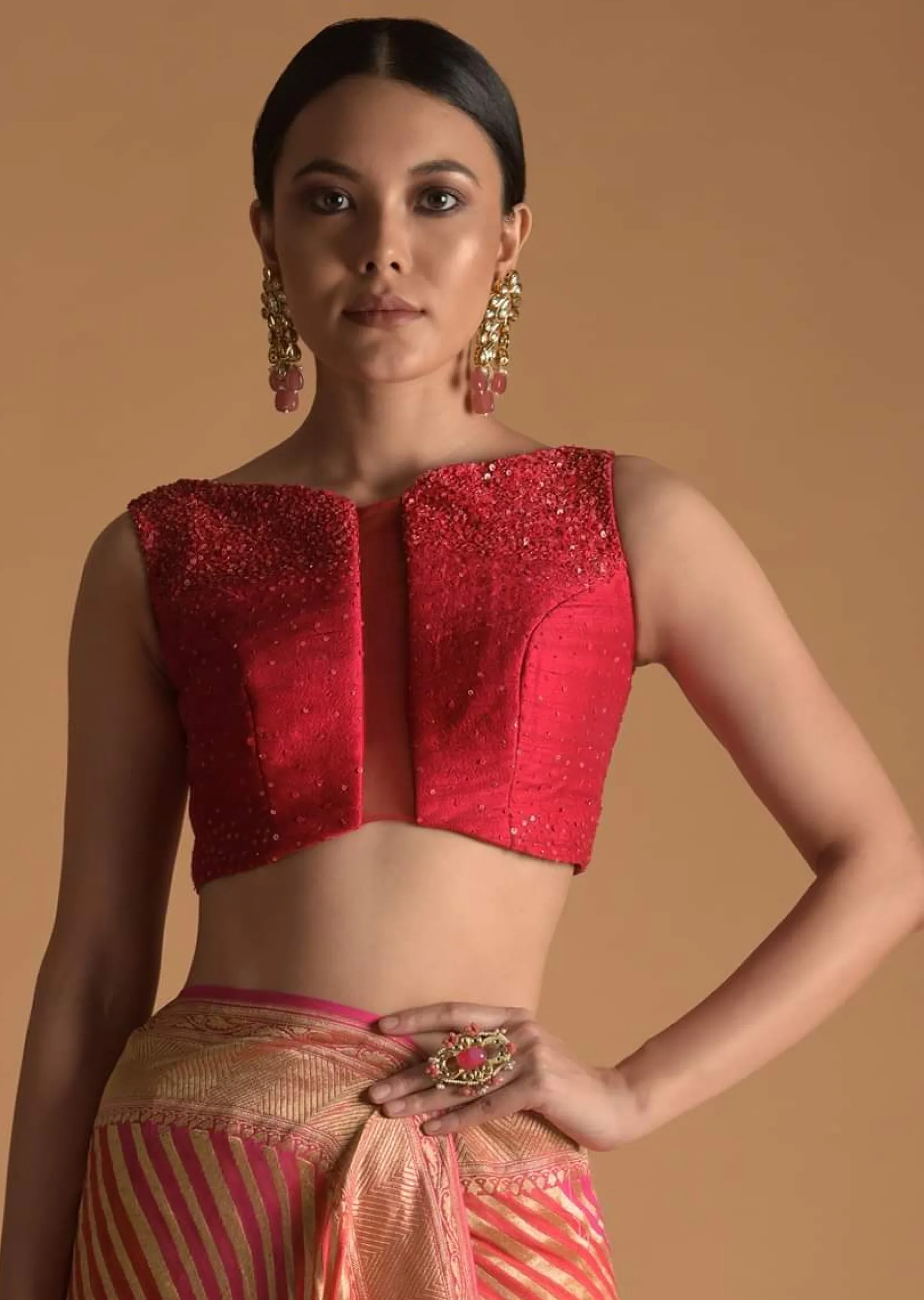 Fuchsia Pink Blouse In Raw Silk With Sequins Work, Sheer Center Cut Out And Criss-Cross Tie Up Back