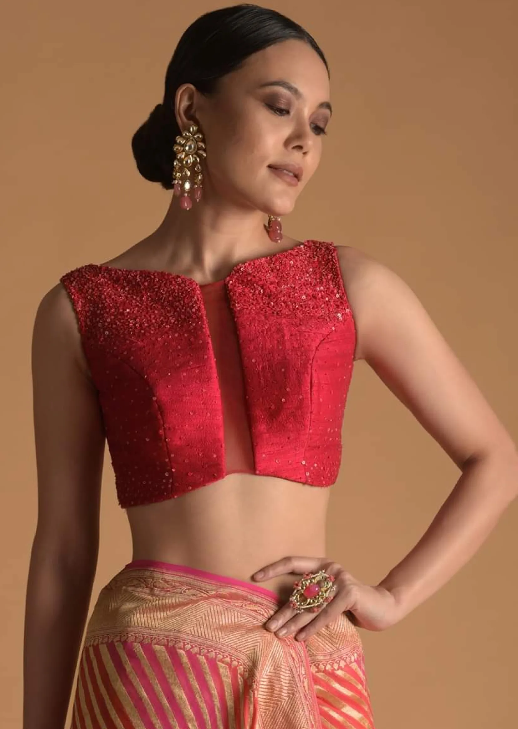 Fuchsia Pink Blouse In Raw Silk With Sequins Work, Sheer Center Cut Out And Criss-Cross Tie Up Back