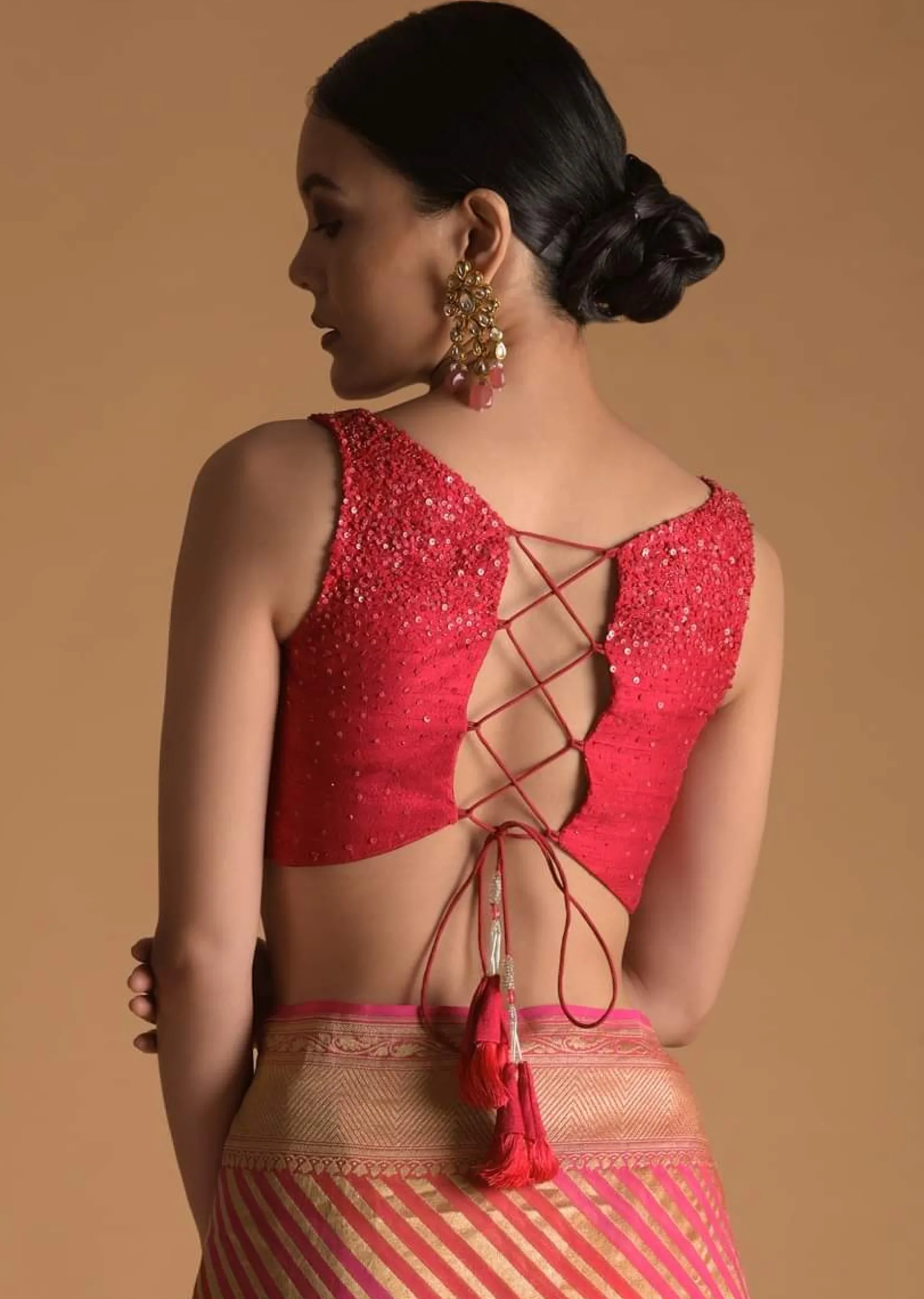 Fuchsia Pink Blouse In Raw Silk With Sequins Work, Sheer Center Cut Out And Criss-Cross Tie Up Back
