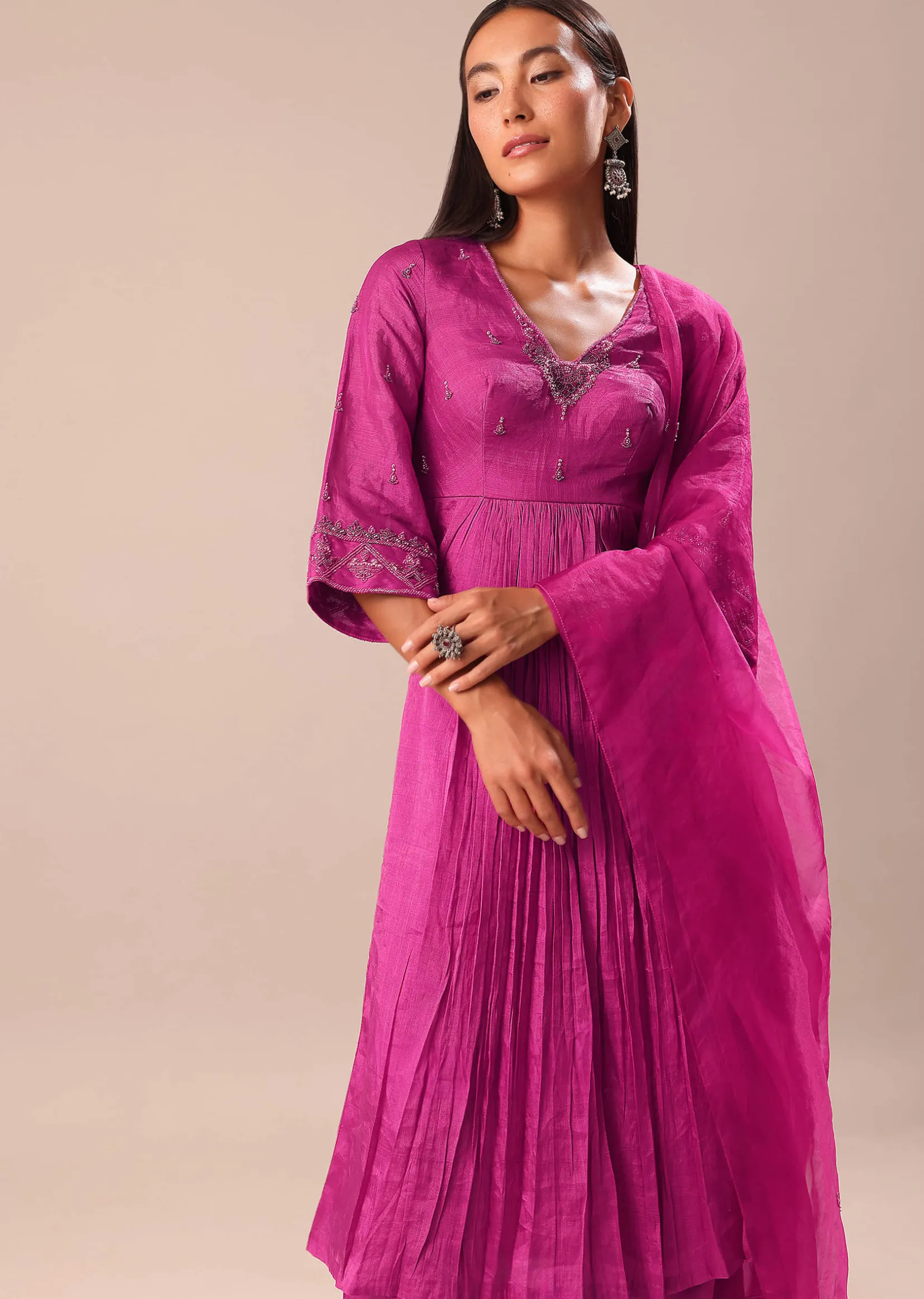 Fuchsia Pink Hand Embroidered Kurta Palazzo Set