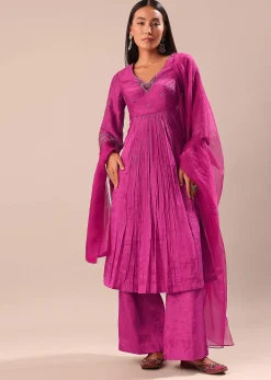 Fuchsia Pink Hand Embroidered Kurta Palazzo Set