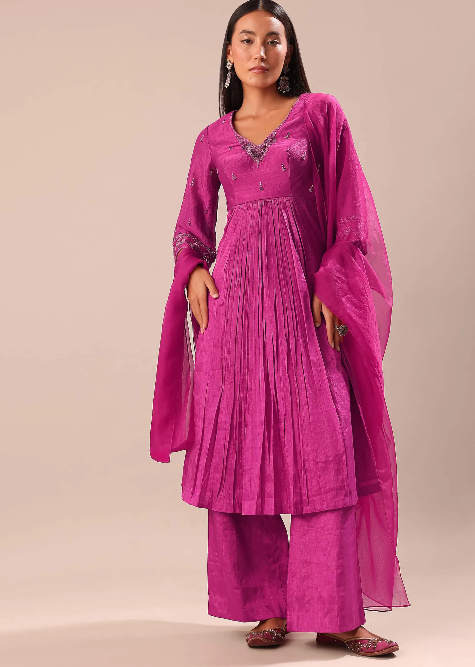 Fuchsia Pink Hand Embroidered Kurta Palazzo Set