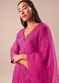 Fuchsia Pink Hand Embroidered Kurta Palazzo Set