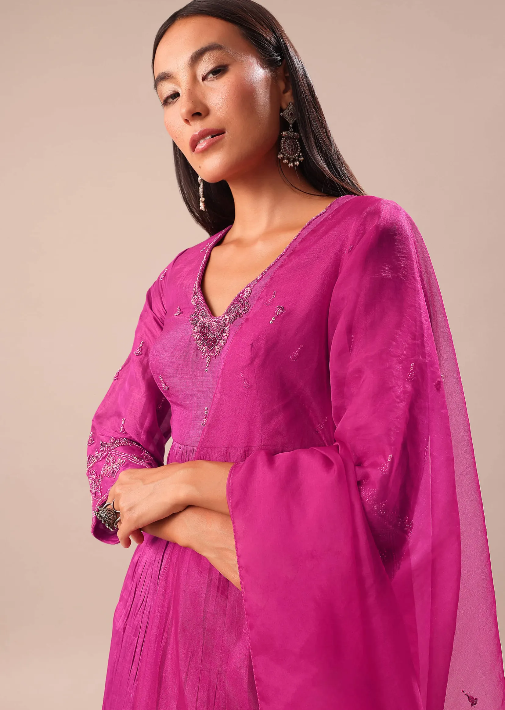 Fuchsia Pink Hand Embroidered Kurta Palazzo Set