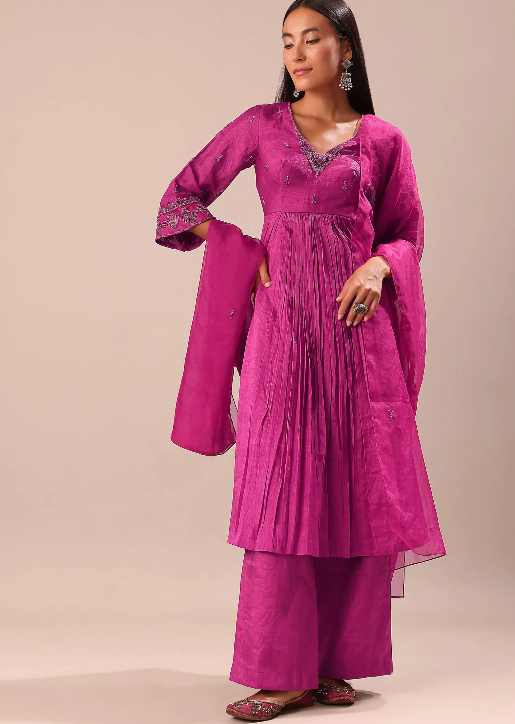 Fuchsia Pink Hand Embroidered Kurta Palazzo Set