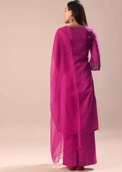 Fuchsia Pink Hand Embroidered Kurta Palazzo Set