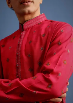 Fuchsia Pink Silk Printed Kurta Set For Men