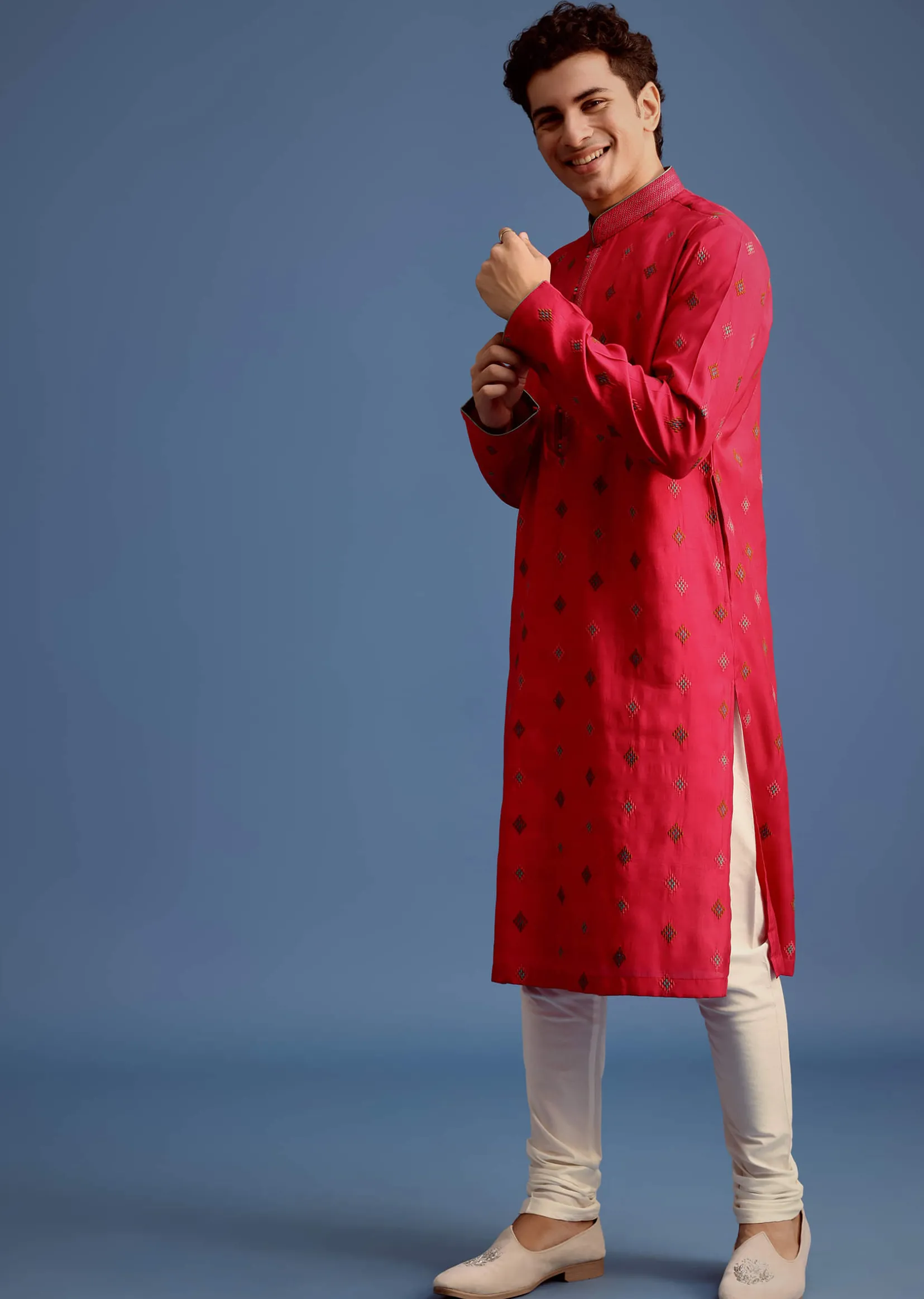 Fuchsia Pink Silk Printed Kurta Set For Men