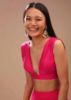 Fuchsia Pink Sleeveless Blouse In Raw Silk With Plunging Neckline