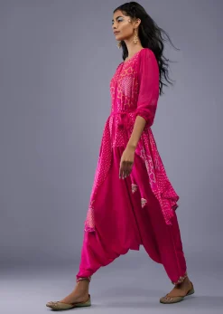 Fuschia Pink Gajji Silk Attached Shrug With Silk Jumpsuit