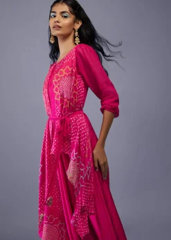 Fuschia Pink Gajji Silk Attached Shrug With Silk Jumpsuit