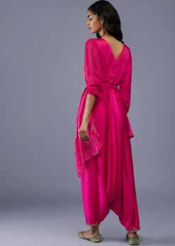 Fuschia Pink Gajji Silk Attached Shrug With Silk Jumpsuit
